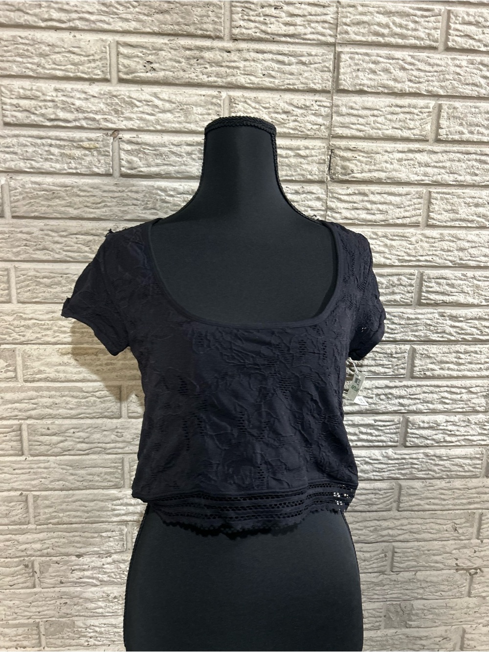 NWT Women's Black Lace Floral Cropped Scoop Neck Top Size Large